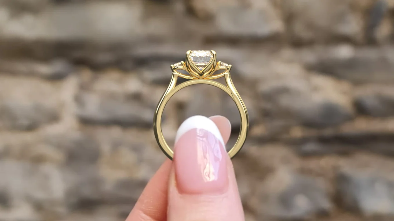 Radiant Cut Trilogy Diamond Ring TR1105 side view - yellow gold