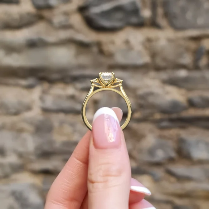 Radiant Cut Trilogy Diamond Ring TR1105 side view - yellow gold